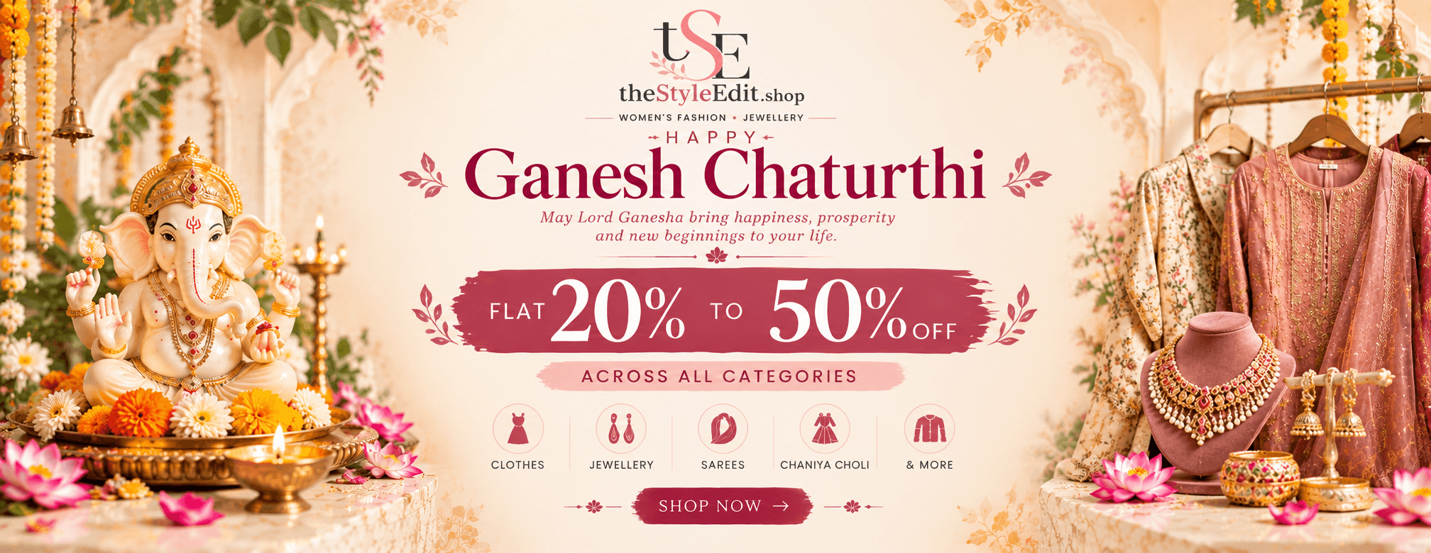 Happy Ganesh Chaturthi, festive special offer, flat 20% to 50% off across all categories.